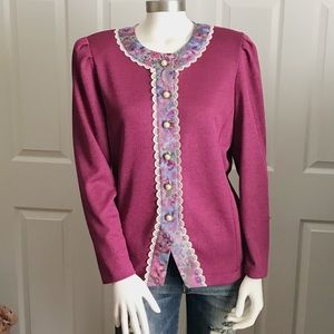 80s Vintage Dark Fuchsia Pearl Lace Button Blouse